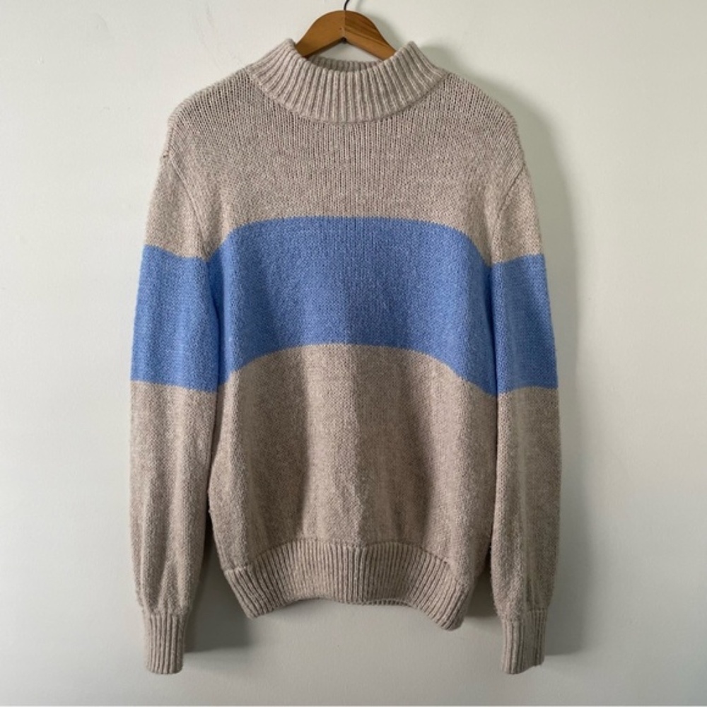Aerie Taupe Light Brown and Blue Wide Stripe Mockneck Knit Oversized Sweater S